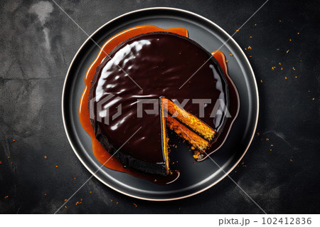 Chocolate Sacher cake with apricot jam on wooden table. Traditional Austrian dessert. Ai generative Chocolate Sacher cake with apricot jam on wooden table. Traditional Austrian dessert. Ai generative 102412836