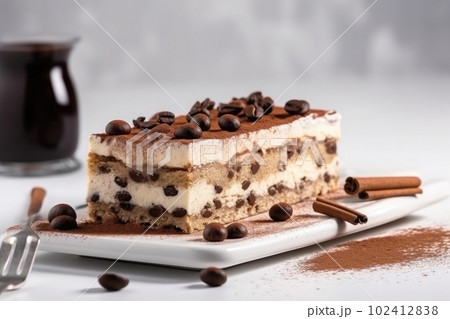 portion of gourmet tiramisu Italian dessert served on a plate at gray table in a side view. Ai generative 102412838
