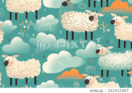 Clouds and some sheep illustration. AI generative. 102412867