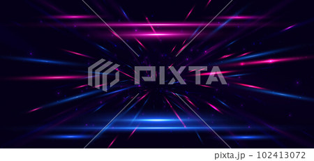 Abstract technology futuristic neon glowing blue and pink light lines with speed motion blur effect on dark blue background. Abstract technology futuristic neon glowing blue and pink light lines with speed motion blur effect on dark blue background. 102413072