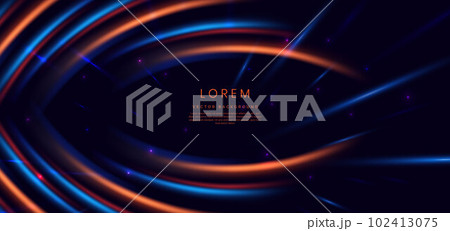 Abstract neon light curved orange and blue on dark blue background. You can use for ad, poster, template, business presentation. 102413075