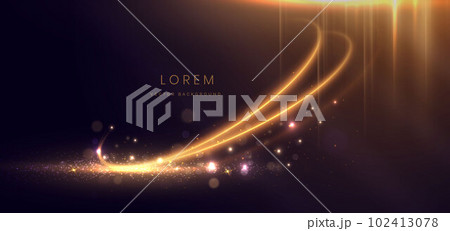Abstract glowing gold curved lines on dark  background with lighting effect and sparkle with copy space for text. Luxury design style. 102413078