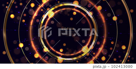 Abstract golden circle glowing with lighting effect on black background and bokeh. Template premium award design. 102413080