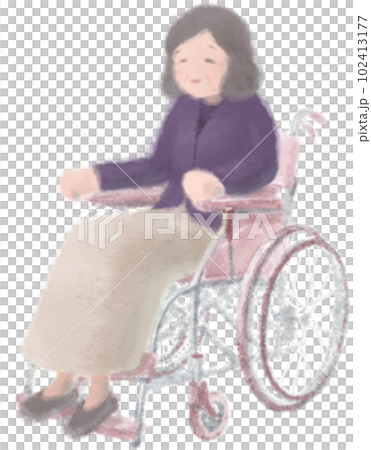Grandma sitting in a wheelchair and smiling 102413177