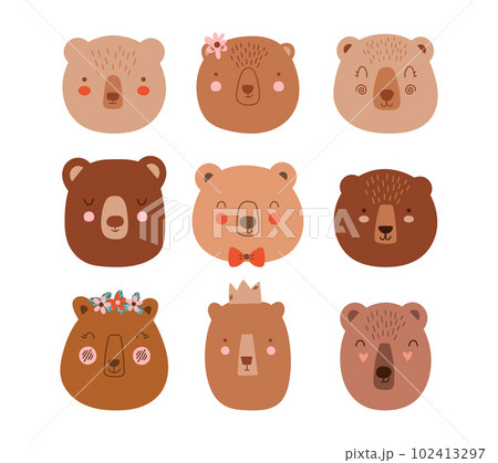Set Cute Bears. Scandinavian faces Bear. Element for print, postcard and poster. 102413297