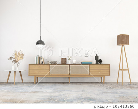 living room interior with wooden sideboard 3D rendering 102413560