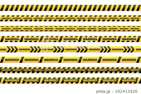 Stripes of black and yellow. Set of seamless danger warning tapes. Abstract warning lines for danger, police and caution. Line art design of crime scenes. Vector Illustration. 102413826
