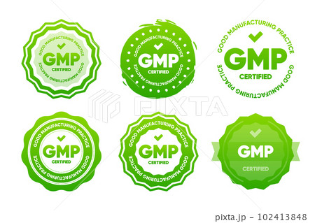GMP Certified stamps collection. Good Manufacturing Practices. Certified round seal isolated on white background. Vector Illustration. 102413848