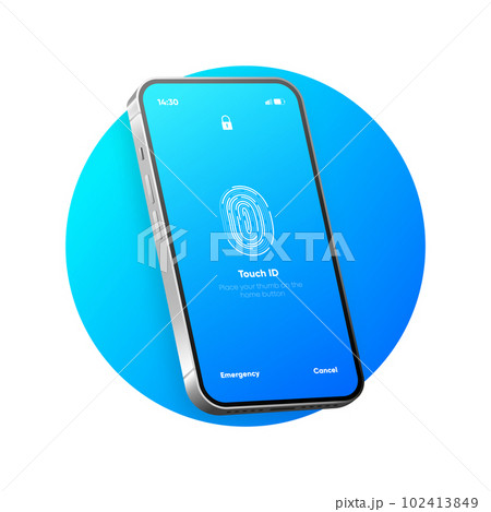 Screen lock authentication password smartphone template. Phone Touch ID recognition screen lock password display. Phone lock screen. Vector illustration. 102413849