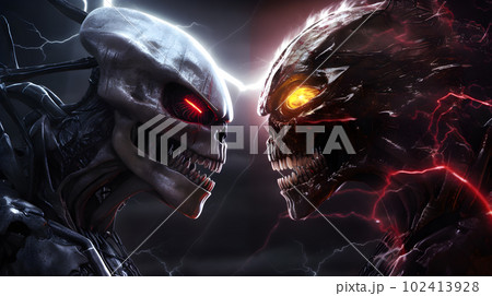 Alien monster fighting. Game competition action poster. Illustration Generative AI Alien monster fighting. Game competition action poster. Illustration Generative AI 102413928