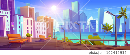 Empty tropical urban embankment, city skyline 102413955
