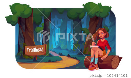 Forest landscape with path and girl sitting on log Forest landscape with path and girl sitting on log 102414101