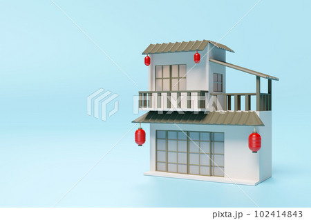 3d Japanese style two storey detached house icon isolated on blue background. real estate trading, quality guarantee concept, 3d render illustration, clipping path 102414843