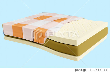 3d layered sheet material mattress with fabric, soft sponge, natural latexisolated on blue background. minimal abstract, 3d render illustration, clipping path 3d layered sheet material mattress with fabric, soft sponge, natural latexisolated on blue background. minimal abstract, 3d render illustration, clipping path 102414844