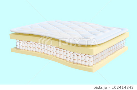 3d layered sheet material mattress with air fabric, pocket springs, natural latex isolated on blue background. 3d render illustration, clipping path 102414845