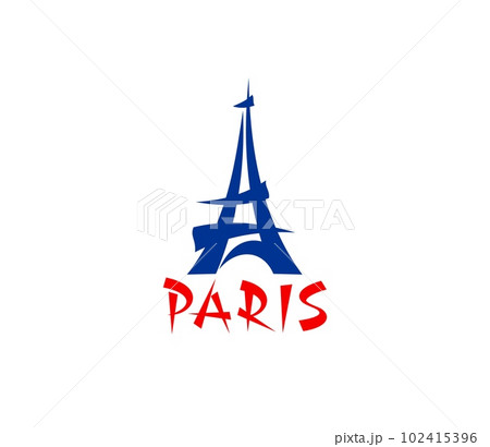 Paris Eiffel tower icon, France landmark symbol of travel and tourism, vector French flag. Eiffel tower of Paris in art sign for French fashion boutique, premium brand label or cafe menu 102415396