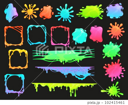 Cartoon colorful slime frames, splashes and blob drips, vector backgrounds. Green mucus slime borders with liquid drops and splats, color paint splatter with sticky texture and slime splash frames Cartoon colorful slime frames, splashes and blob drips, vector backgrounds. Green mucus slime borders with liquid drops and splats, color paint splatter with sticky texture and slime splash frames 102415461
