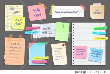Paper notes, stickers, sticky sheets and tapes, vector notebook scrap memos. Torn paper tags on adhesive tape, message card frames and copybook page notes for memos on sticky notepaper and pins 102415516