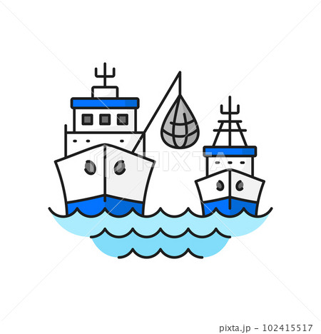 Fishing industry trawler ships with net line icon. Fishery industry, offshore fishing production technology or aquaculture manufacture thin line vector icon. Trawler boats with net outline pictogram 102415517