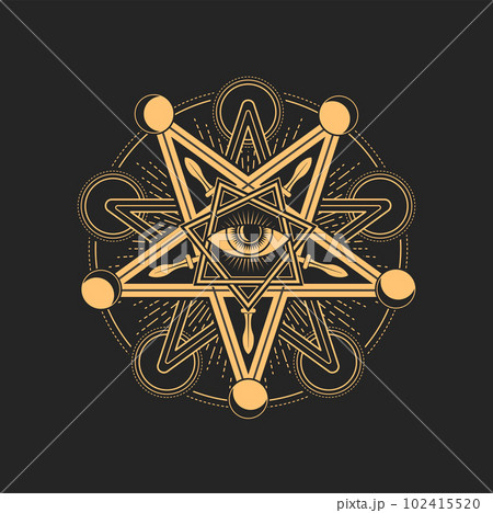 Esoteric and occult pentagram, mason or tarot symbols. Magic vector , eye of Providence inside of star with crescent moon sign around. Spiritual illuminati symbolic, astrology or alchemy amulet Esoteric and occult pentagram, mason or tarot symbols. Magic vector , eye of Providence inside of star with crescent moon sign around. Spiritual illuminati symbolic, astrology or alchemy amulet 102415520