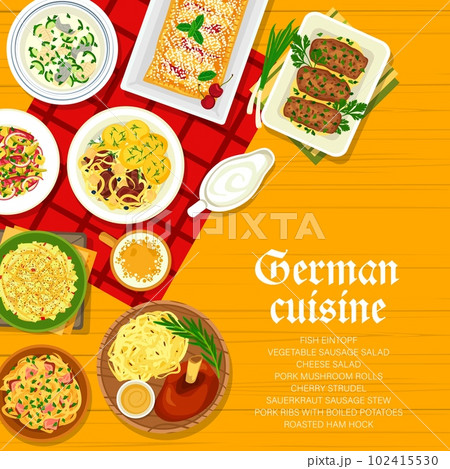 German cuisine restaurant menu cover design. Sauerkraut sausage stew, cheese and sausage salad, fish Eintopf, cherry strudel and roasted ham hock, pork ribs with boiled potatoes, pork mushroom rolls 102415530
