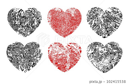 Fingerprint hearts. Valentine holiday black and red fingermark patterns, 8 march celebration ink fingerprint texture or anniversary invitation thumbprint vector symbols. Wedding card thumb prints 102415538