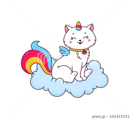 Cartoon caticorn character on fluffy cloud with rainbow unicorn horn, tail and angel wings. Cute white cat vector personage, adorable kitty or kitten caticorn wearing collar with heart Cartoon caticorn character on fluffy cloud with rainbow unicorn horn, tail and angel wings. Cute white cat vector personage, adorable kitty or kitten caticorn wearing collar with heart 102415552