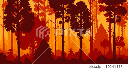 Forest silhouette, trees nature landscape background with pines and wood plants, vector panorama. Forest background with deciduous or coniferous trees, oaks, firs and bushes in woodlands orange fog 102415554