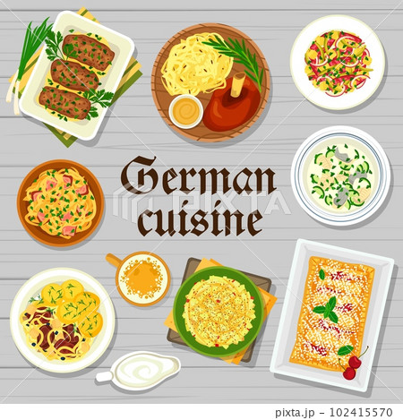 German cuisine restaurant menu cover design. Pork ribs with boiled potatoes, cherry strudel and mushroom rolls, cheese and vegetable sausage salad, roasted ham hock and fish Eintopf, Sauerkraut stew 102415570
