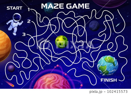 Cartoon space labyrinth maze. Help to astronaut find the Earth planet vector game puzzle quiz. Find right way game worksheet with space map, alien galaxy planets, stars, asteroids and spaceman Cartoon space labyrinth maze. Help to astronaut find the Earth planet vector game puzzle quiz. Find right way game worksheet with space map, alien galaxy planets, stars, asteroids and spaceman 102415573
