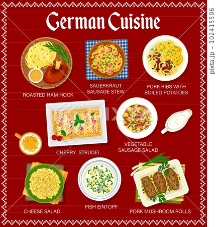 Polish cuisine restaurant menu. Faramushka soup, cabbage rolls and dumplings with potatoes, meat bread, hazelnut Mazurka and Kalduny, meatloaf ring with quail eggs, sausages and Bigos, carp with sauce 102415596