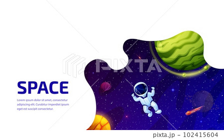 Space landing page. Cartoon astronaut in outer space of alien galaxy with fantasy planets, asteroids and comets on starry sky vector background. Business company, project website landing page template Space landing page. Cartoon astronaut in outer space of alien galaxy with fantasy planets, asteroids and comets on starry sky vector background. Business company, project website landing page template 102415604