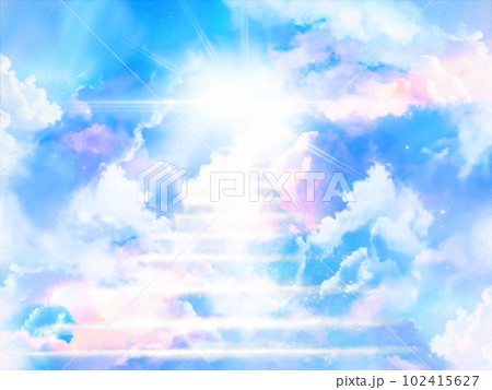 天国へと続く雲の階段と天の光が差し込む幻想的な臨死体験風ファンタジー背景イラスト 102415627