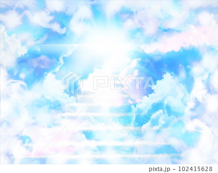天国へと続く雲の階段と天の光が差し込み天使の白い羽が舞う幻想的な臨死体験風ファンタジー背景イラスト 102415628