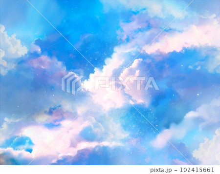 天の光が差し込む幻想的なパステルカラーの入道雲の臨死体験風ファンタジー背景イラスト 天の光が差し込む幻想的なパステルカラーの入道雲の臨死体験風ファンタジー背景イラスト 102415661