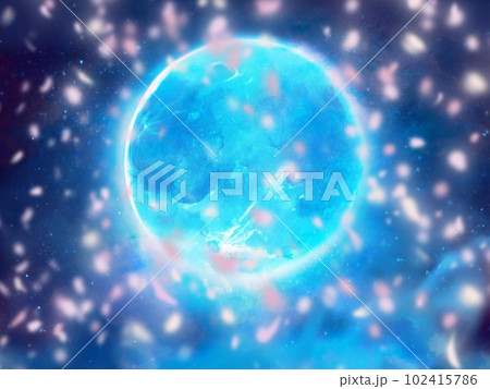 青い満月が夜空に浮かび桜の花吹雪がはらはら舞うファンタジー背景風景イラスト 102415786
