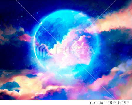 青く輝く満月と虹色に漂う雲海の宇宙空間背景イラスト 青く輝く満月と虹色に漂う雲海の宇宙空間背景イラスト 102416199