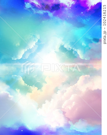 虹色に漂う雲海と天国の光が差し込む宇宙空間背景イラスト 102416215