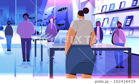 mix race men women customers in electronics market choosing digital gadgets black friday big sale promotion discount shopping 102416439