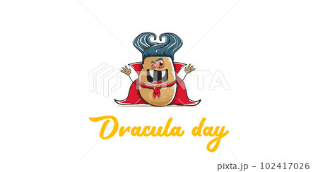 26 may world dracula day greeting horizontal banner with vector funny cartoon cute dracula potato with fangs and red cape isolated on white background. vampire monster vegetable funky character 26 may world dracula day greeting horizontal banner with vector funny cartoon cute dracula potato with fangs and red cape isolated on white background. vampire monster vegetable funky character 102417026