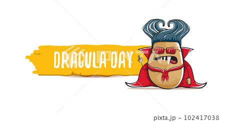 26 may world dracula day greeting horizontal banner with vector funny cartoon cute dracula potato with fangs and red cape isolated on white background. vampire monster vegetable funky character 26 may world dracula day greeting horizontal banner with vector funny cartoon cute dracula potato with fangs and red cape isolated on white background. vampire monster vegetable funky character 102417038