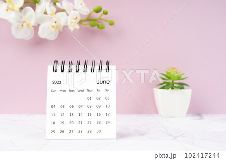 The June 2023 desk calendar and white orchid one pink color background. 102417244