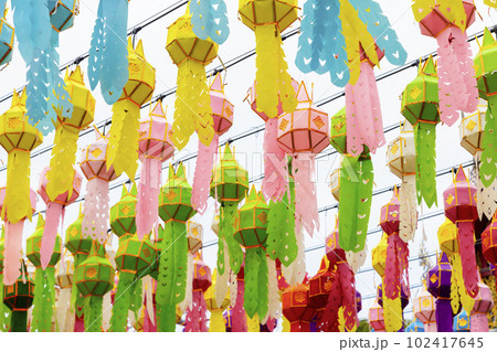 colourful lanterns in Yee Peng Lantern Festival at Wat Phra That Hariphunchai in Lamphun, Thailand 102417645