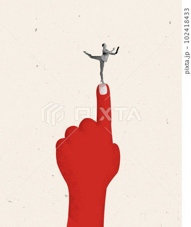 Contemporary art collage with business woman, office worker standing on huge pointing up palm over white background symbolizing success Contemporary art collage with business woman, office worker standing on huge pointing up palm over white background symbolizing success 102418433