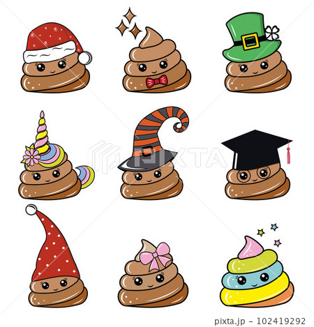A set of characters kawaii poop Santa Claus, St. Patrick, Graduate scientist, Halloween witch, girl, boy, unicorn, gnome. Color vector illustration in cartoon style 102419292