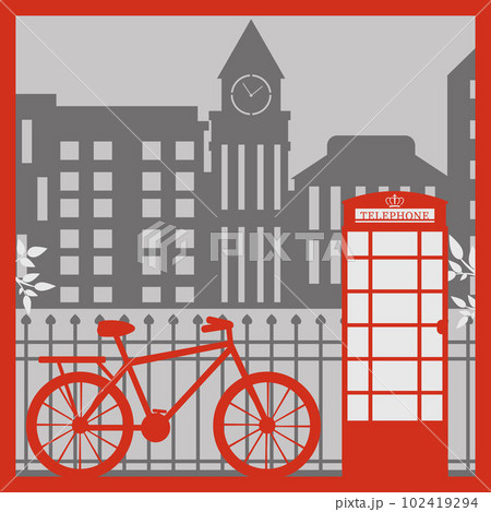 London's cityscape, a red telephone booth, a bicycle and ancient architecture. Vector illustration in the style of paper clippings 102419294