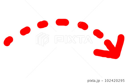 手描きの太い矢印_カーブ下降点線_赤 102420295