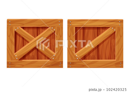Set Wooden box, delivery container in cartoon style, game asset isolated on white background. Wood packing, open textured. Set Wooden box, delivery container in cartoon style, game asset isolated on white background. Wood packing, open textured. 102420325