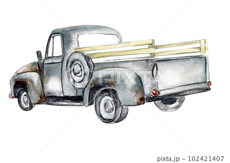 Vintage watercolor gray truck, hand drawn illustration of old retro car on a white background. Perfect for scrapbooking, kids design, wedding invitation, posters, greetings cards. Vintage watercolor gray truck, hand drawn illustration of old retro car on a white background. Perfect for scrapbooking, kids design, wedding invitation, posters, greetings cards. 102421407