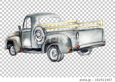 Vintage watercolor gray truck, hand drawn illustration of old retro car on a white background. Perfect for scrapbooking, kids design, wedding invitation, posters, greetings cards. 102421407